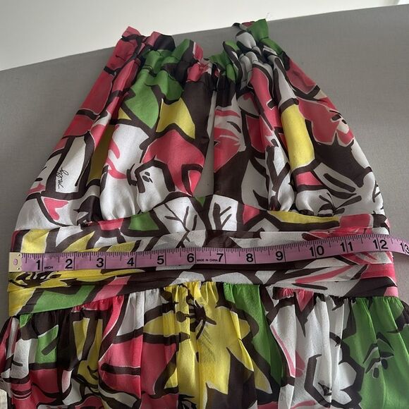 VTG MILLY OF NEW YORK 100% Silk Halter Drop Waist Dress Pink/Green Y2K Size 0 - Picture 8 of 11